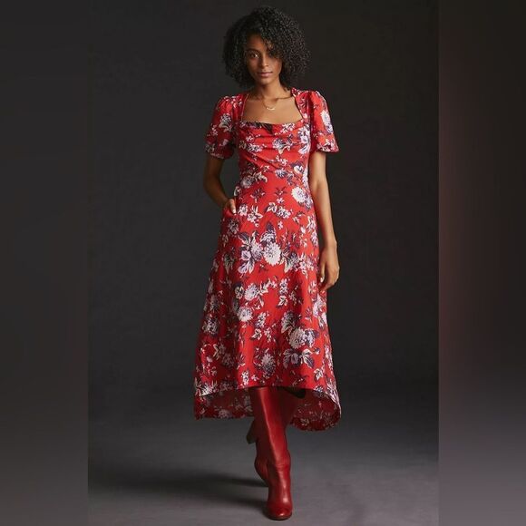 Maeve Dresses & Skirts - Anthropologie Maeve Red Motif Floral Puff-Sleeve Midi Dress, Size 6